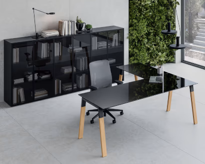 Ufficio direzionale moderno con scrivania nera e libreria elegante
