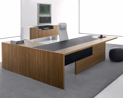 Ufficio direzionale con scrivania angolare e contenitori integrati – soluzione ergonomica per manager e dirigenti