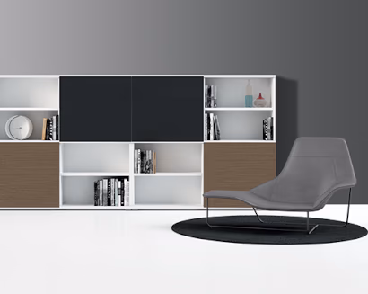 Sistema modulare con libreria e contenitori per archiviazione documenti in ufficio