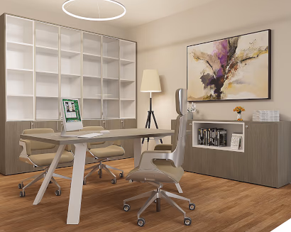 Ufficio direzionale moderno con scrivania e libreria – arredamento ufficio su misura per spazi eleganti e funzionali