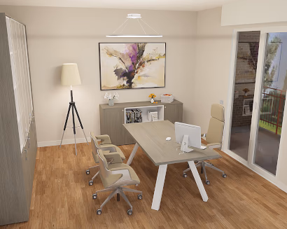Ufficio operativo arredato con postazioni di lavoro e illuminazione professionale – progettazione spazi lavoro efficienti