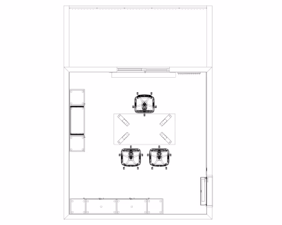 Layout ufficio con postazioni operative e tavolo riunioni – progettazione spazi di lavoro funzionali ed ergonomici