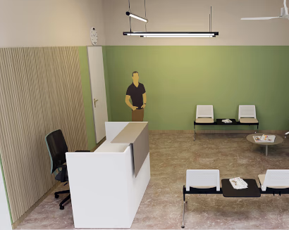 Sala d’attesa con banco reception e sedute per accoglienza visitatori