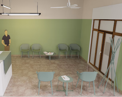 Render sala d’attesa con reception, sedute e area accoglienza clienti